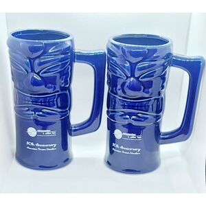 Pair of 2 Vintage Cobalt Blue Tiki Mugs Set With Handles 6" Tall